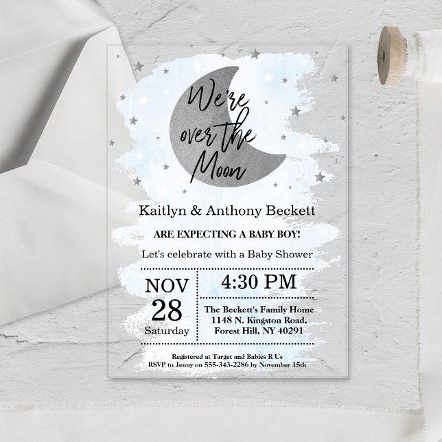 Over The Moon | Boys Baby Shower Acrylic Invitations (Creator Uploaded)