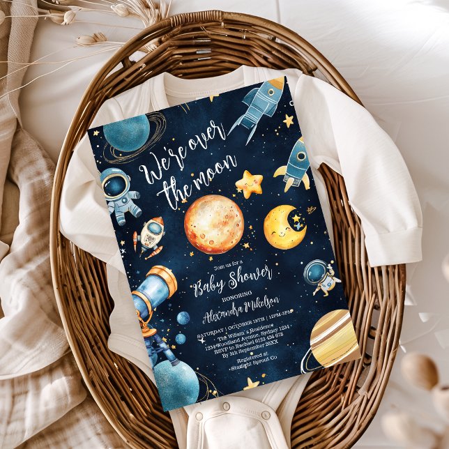 Over the Moon Celestial Baby Shower Navy Invitation (Creator Uploaded)