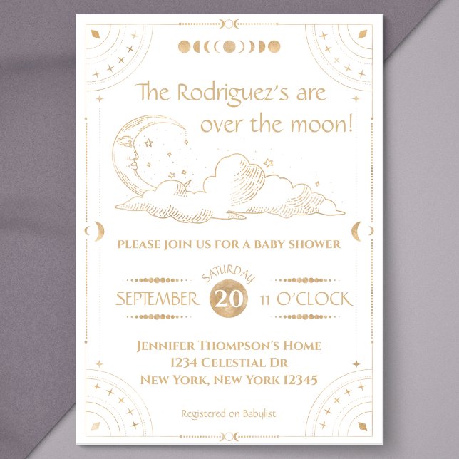 "Over the Moon" Celestial Moon & Stars Baby Shower Invitation ("over the moon" gold baby shower celestial theme zodiac moon and stars twinkle twinkle little star)