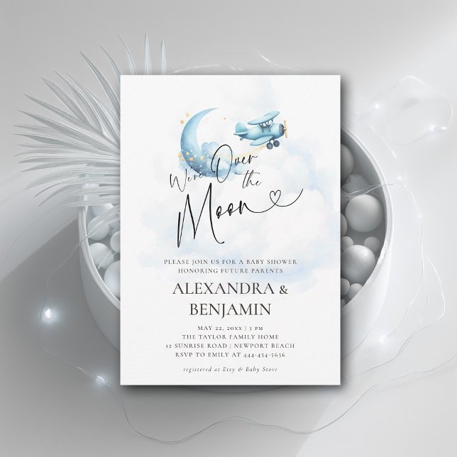 Over the Moon Clouds Aeroplane Coed Baby Boy Showe Invitation (over the moon baby shower invitation boy toy airplane moon stars watercolor cute adorable)