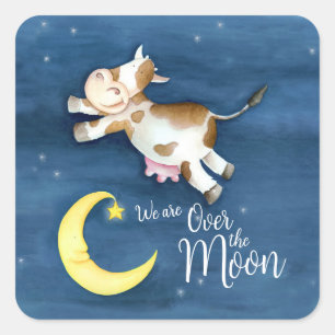 Over the moon cow jump new baby square sticker