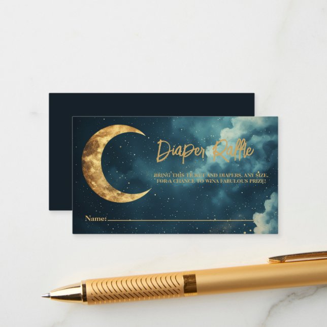 Over the Moon Diaper Raffle Ticket, Celestial Gold Enclosure Card (Front/Back In Situ)