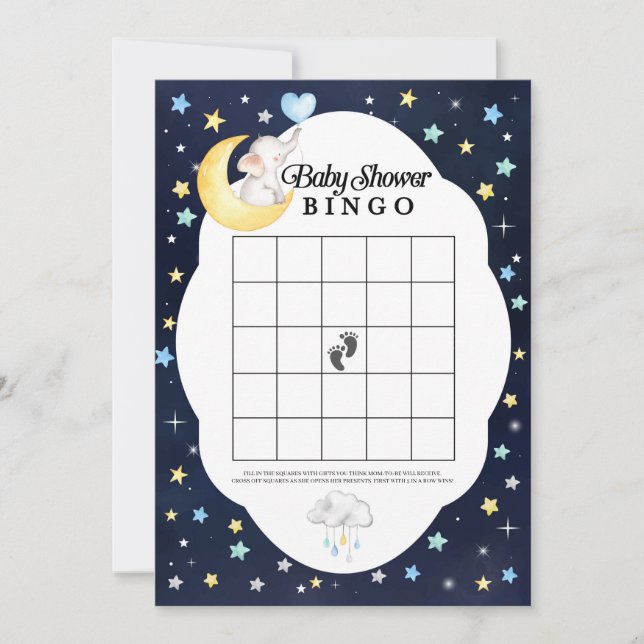 Over The Moon Elephant Baby Shower Bingo Game Invitation (Front)