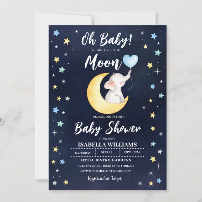 Over The Moon Elephant Baby Shower Invitation (Front)
