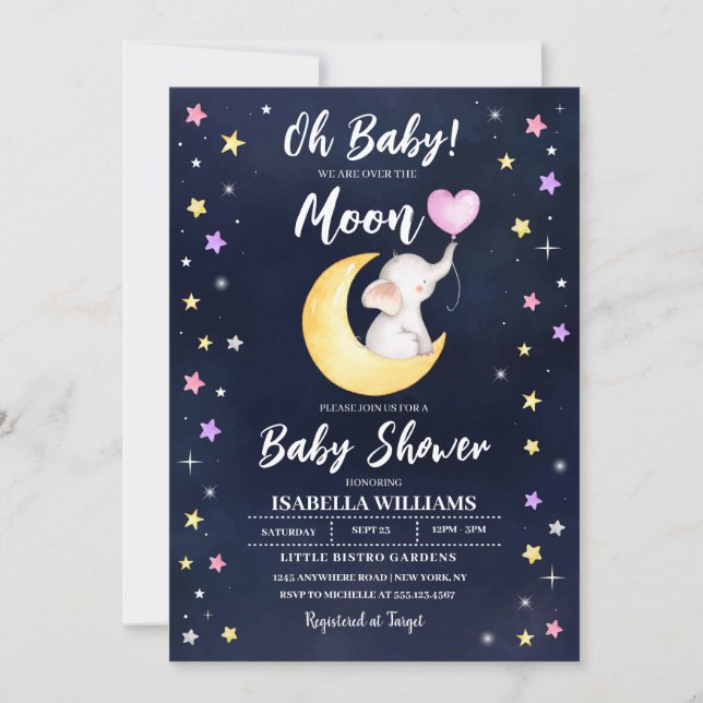 Over The Moon Elephant Baby Shower Invitation (Front)
