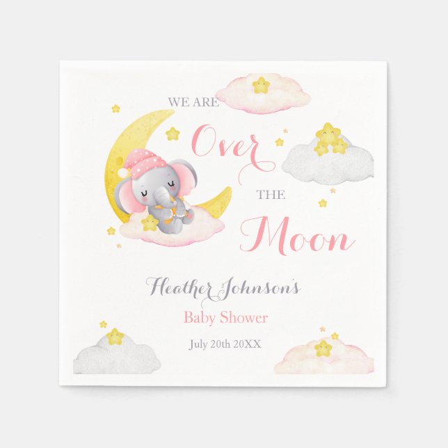 Over The Moon Elephant Girl Baby Shower Napkin (Front)