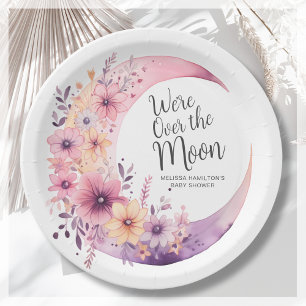 Over The Moon   Floral Baby Shower Paper Plate