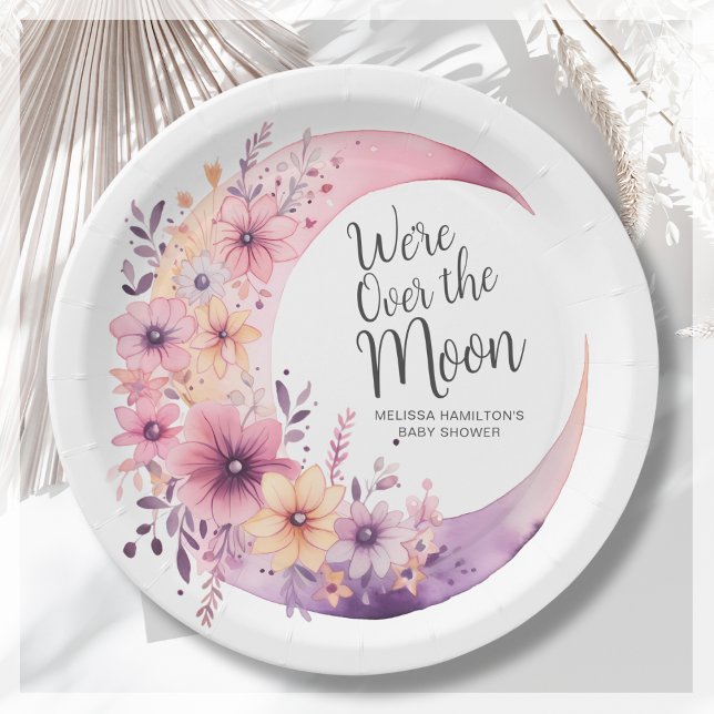 Over The Moon | Floral Baby Shower Paper Plate (Creator Uploaded)