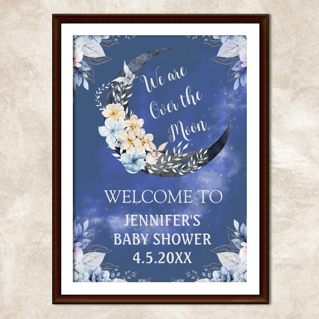 over the moon floral blue baby shower welcome sign (Creator Uploaded)