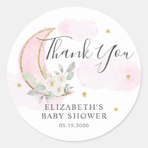 Over the Moon Floral Pink Baby Shower Thank You Classic Round Sticker