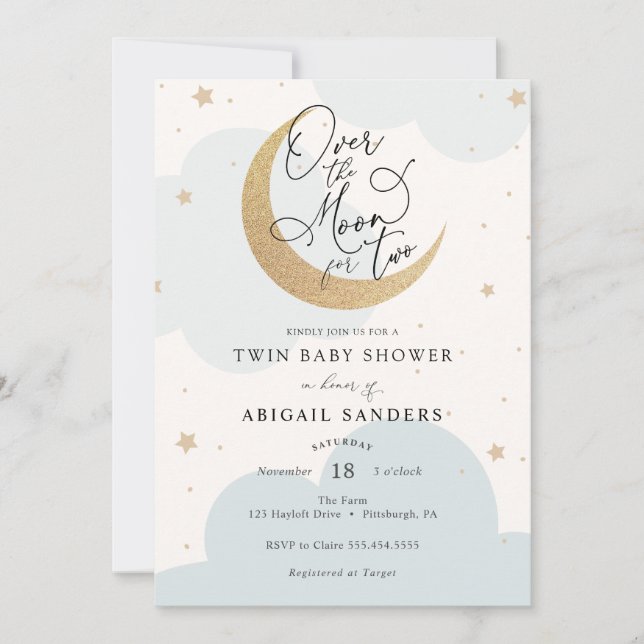 Over the Moon for Two Twin Boys Baby Shower Invitation (Front)