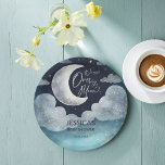Over the moon galaxy baby shower monogrammed paper plate<br><div class="desc">We are Over the moon sky clouds galaxy baby shower monogrammed personalised printed paper plates template,  watercolor cyan blue galaxy clouds silver moon and stars baby shower personalised table decor</div>