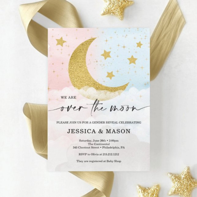 Over The Moon Gender Reveal Pink and Blue Invites (Creator Uploaded)