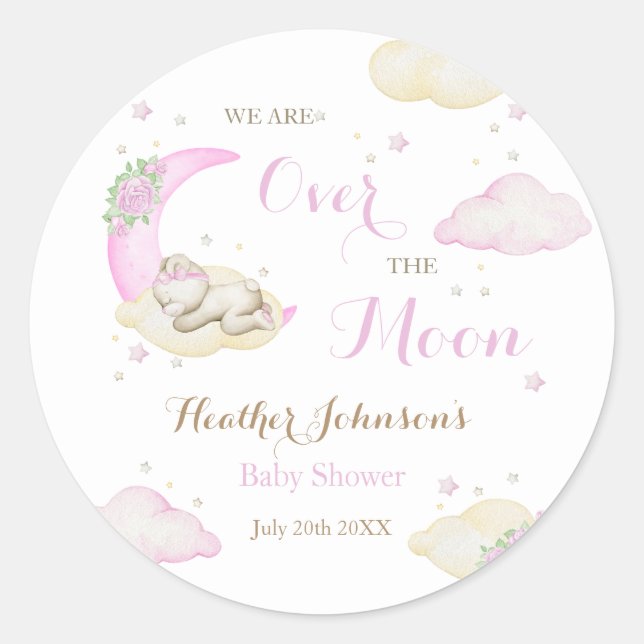 Over The Moon Girl Bear Baby Shower Classic Round Sticker (Front)