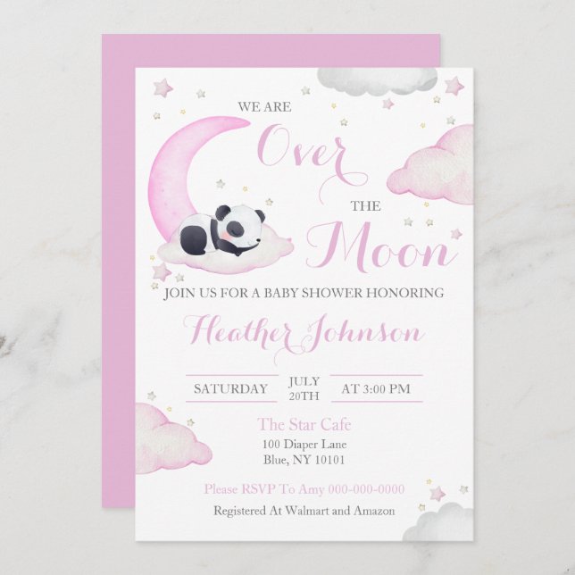 Over The Moon Girl Panda Bear Baby Shower Invitation (Front/Back)