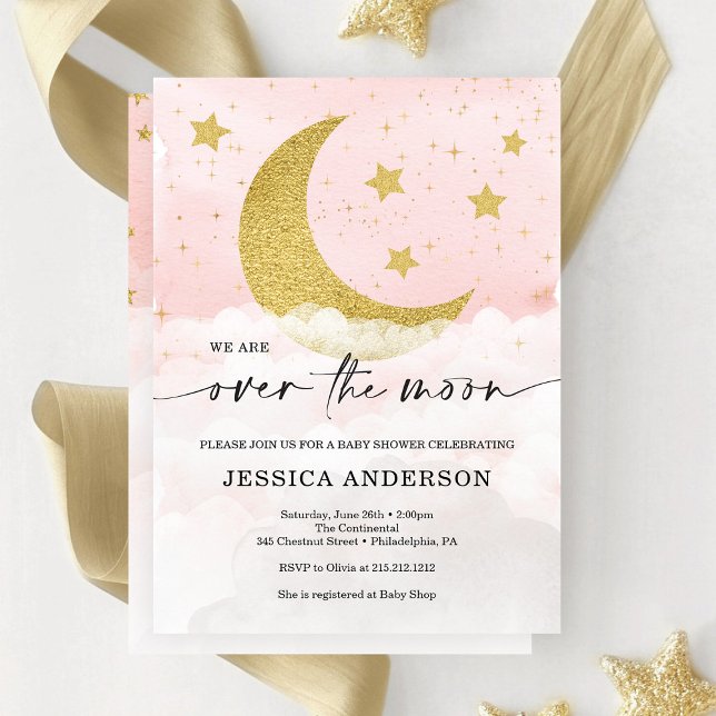 Over The Moon Girl Pink Baby Shower Invitation (Creator Uploaded)