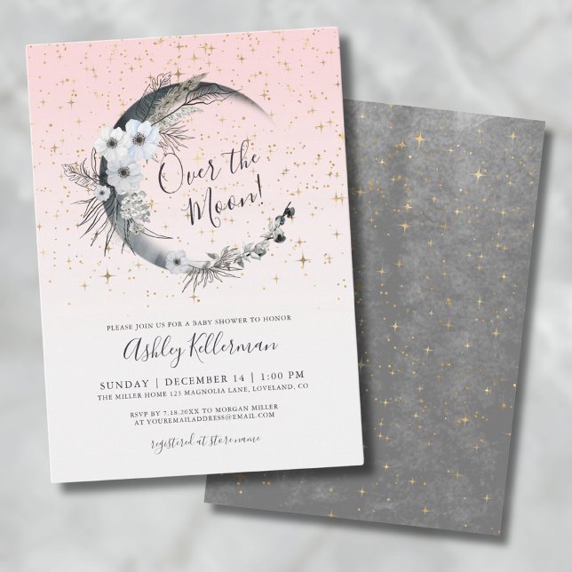 Over The Moon Girl Pink Baby Shower  Invitation (Moon and Stars Pink Baby Shower Invitation)