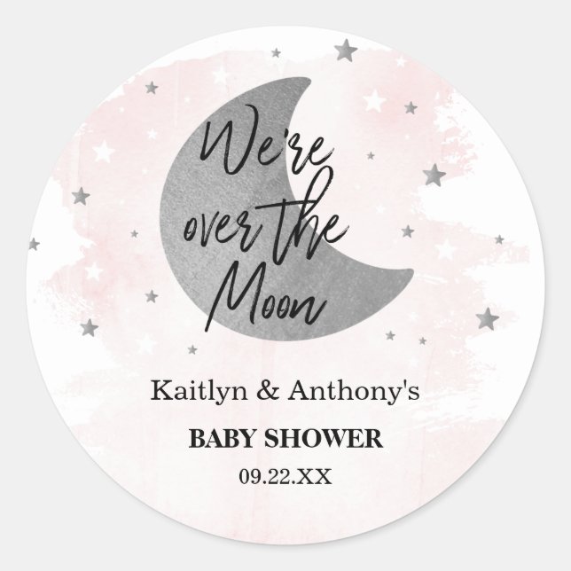 Over The Moon | Girls Baby Shower Classic Round St Classic Round Sticker (Front)