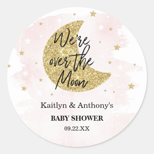 Over The Moon | Girls Baby Shower Classic Round St Sticker (Front)