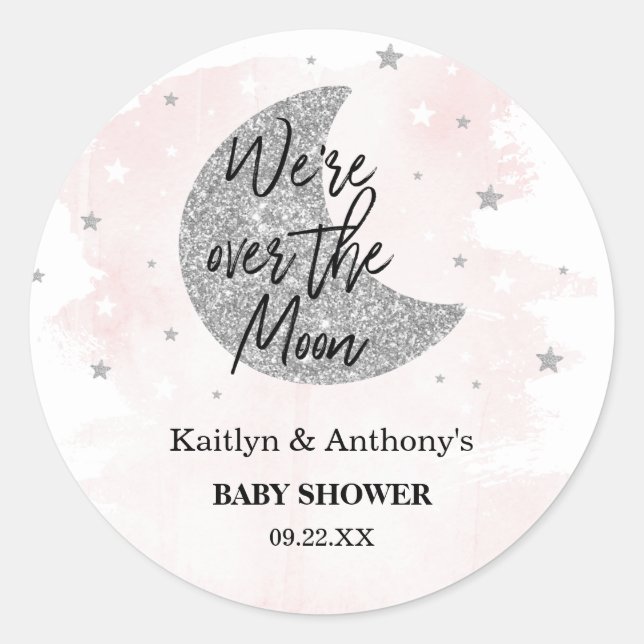 Over The Moon | Girls Baby Shower Classic Round Sticker (Front)