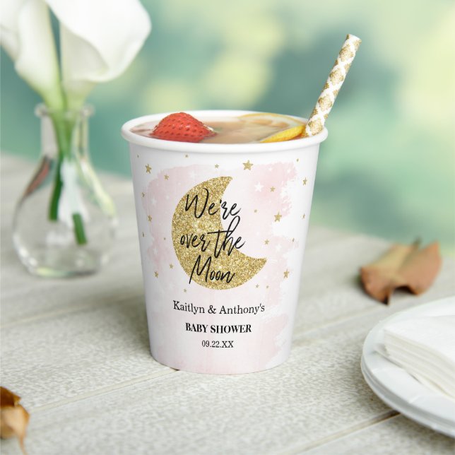 Over The Moon | Girls Baby Shower Paper Cups (Insitu)