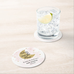 Over The Moon   Girls Baby Shower Round Paper Coaster