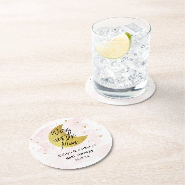 Over The Moon | Girls Baby Shower Round Paper Coaster (Insitu)