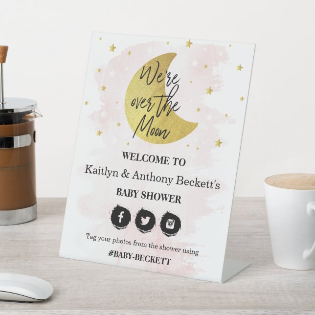 Over The Moon | Girls Baby Shower Welcome Pedestal Sign (In SItu)