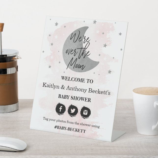 Over The Moon | Girls Baby Shower Welcome Pedestal Sign (In SItu)