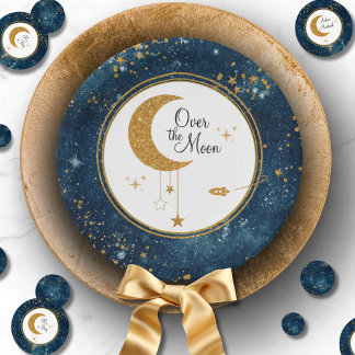 Over The Moon Glittery Stars Baby Shower Paper Plate