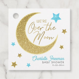 Over the Moon Gold & Blue Baby Shower Favour Tag