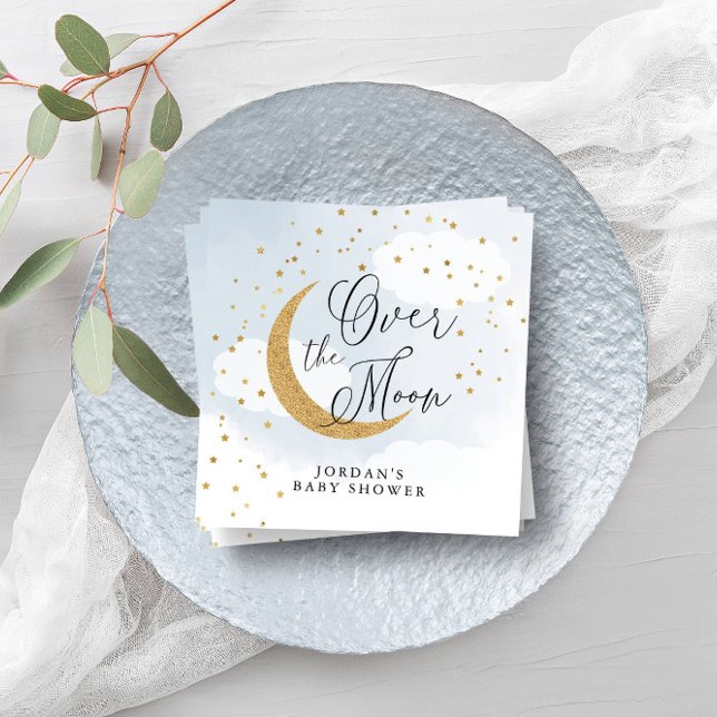 Over the Moon Gold & Blue Baby Shower Personalised Napkin (Creator Uploaded)