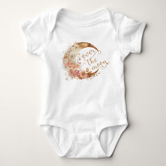 Over the moon gold floral baby shower baby bodysuit (Front)