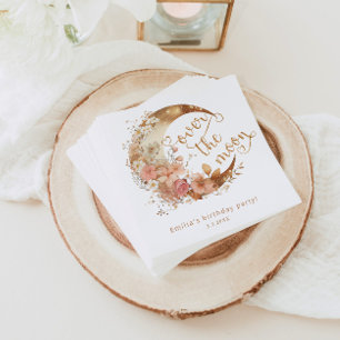 Over the moon gold floral moon girl birthday napkin