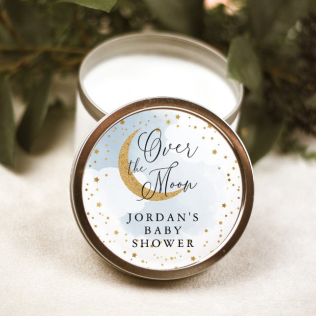 Over the Moon, Gold Glitter Blue Baby Shower Favou Classic Round Sticker (Creator Uploaded)