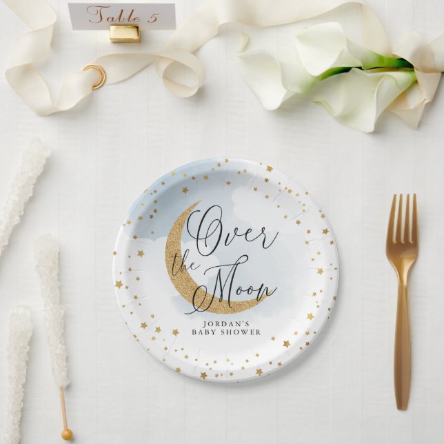 Over the Moon, Gold Glitter Blue Baby Shower Paper Plate (Wedding)