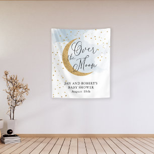 Over the Moon, Gold Glitter Blue Baby Shower Tapestry