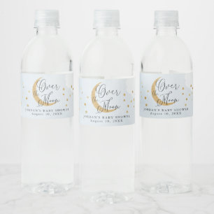 Over the Moon, Gold Glitter Blue Baby Shower Water Bottle Label