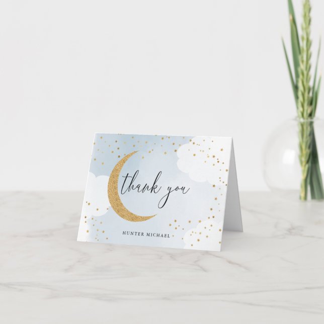 Over the Moon Gold Glitter, Blue Personalised Note Card (Front)