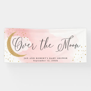 Over the Moon, Gold Glitter Pink Baby Shower Party Banner