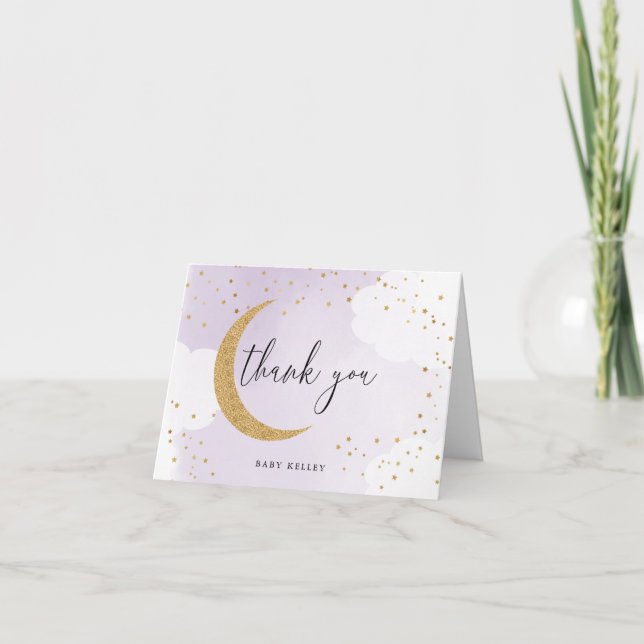 Over the Moon Gold Glitter, Purple Personalised Note Card (Front)