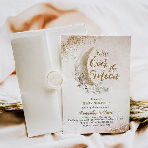 Over the Moon Gold Pink Baby Girl Shower Invitation