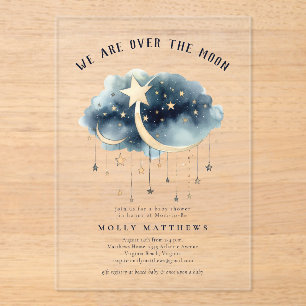 Over the Moon Gold Stars Baby Shower  Acrylic Invitations