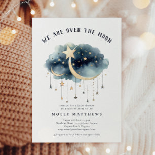 Over the Moon Gold Stars Baby Shower Invitation