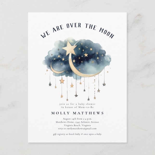 Over the Moon Gold Stars Baby Shower Invitation  Postcard (Front)