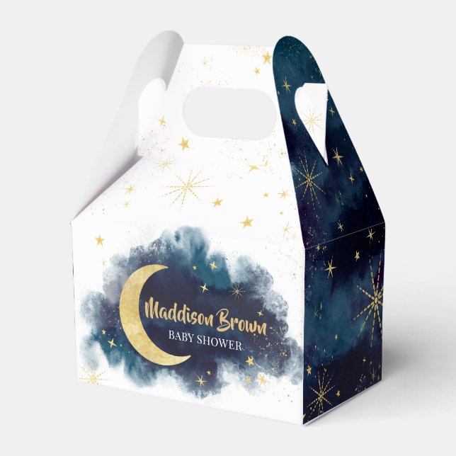 Over the Moon Gold Stars Blue Baby Shower Favour Box (Front Side)