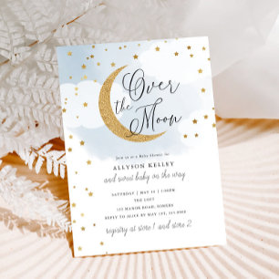 Over the Moon Gold Stars Blue Baby Shower Invitati Invitation