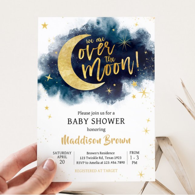 Over the Moon Gold Stars Blue Baby Shower  Invitation (Blue Twinkle Little Star Baby Shower Invitation)