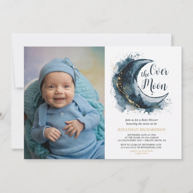 Over the Moon Gold Stars Blue Baby Shower Invitation (Front)