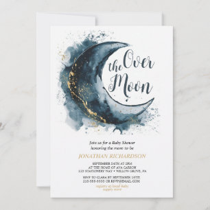 Over the Moon Gold Stars Blue Baby Shower Invitation